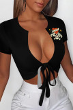 Black Sexy Skull Head Animal Print Letters Lace Up Contrast V Neck T-Shirts