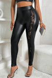 Black Casual Solid Color Lace Patchwork Skinny Mid Waist Pencil Bottoms