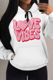 White Red Casual Letter Print Draw String Pocket Contrast Hooded Tops