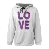 White Red Casual Letter Print Draw String Pocket Contrast Hooded Tops