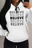 Black Casual Letter Print Draw String Pocket Contrast Hooded Tops
