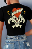 Black Sexy Skull Head Animal Print Letters Lace Up Contrast V Neck T-Shirts