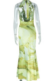 Green Yellow Elegant Print Patchwork Backless Halter Long Dresses
