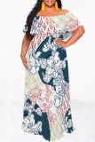 Khaki Elegant Floral Print Ruffle Contrast Off Shoulder Long Dresses