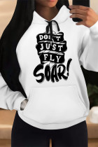 White Casual Letter Print Draw String Pocket Contrast Hooded Tops