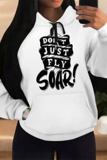 White Casual Letter Print Draw String Pocket Contrast Hooded Tops