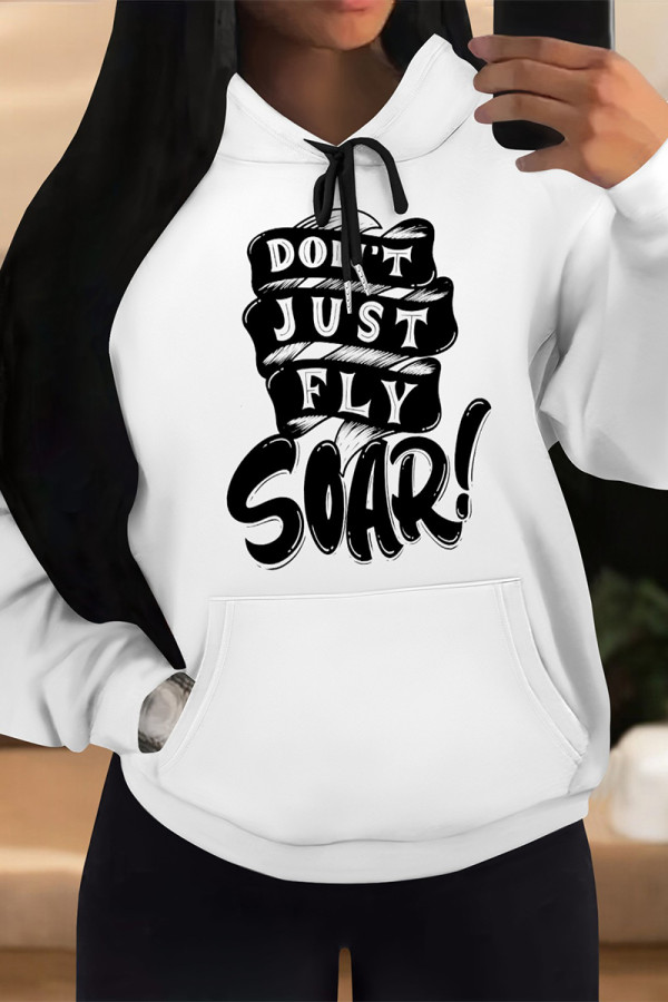 White Casual Letter Print Draw String Pocket Contrast Hooded Tops