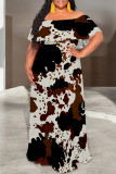 Khaki Elegant Floral Print Ruffle Contrast Off Shoulder Long Dresses