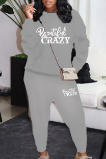 Grey Casual Print Patchwork O Neck Long Sleeve Two Pieces