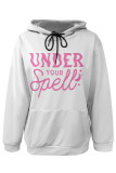 White Red Casual Letter Print Draw String Pocket Contrast Hooded Tops