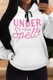White Red Casual Letter Print Draw String Pocket Contrast Hooded Tops