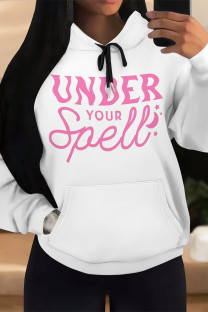 Powder White Casual Letter Print Draw String Pocket Contrast Hooded Tops