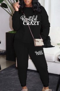 Black Casual Print Patchwork O Neck Long Sleeve Two Pieces