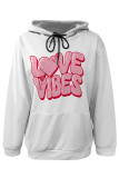 White Red Casual Letter Print Draw String Pocket Contrast Hooded Tops