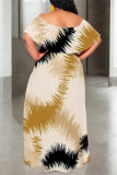Khaki Elegant Floral Print Ruffle Contrast Off Shoulder Long Dresses