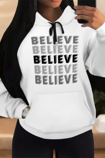 White Grey Casual Letter Print Draw String Pocket Contrast Hooded Tops