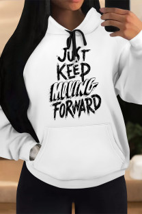 Black White Casual Letter Print Draw String Pocket Contrast Hooded Tops