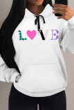 White Red Casual Letter Print Draw String Pocket Contrast Hooded Tops