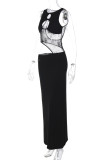Black Sexy Solid Color Hollow Out Patchwork Long Dresses