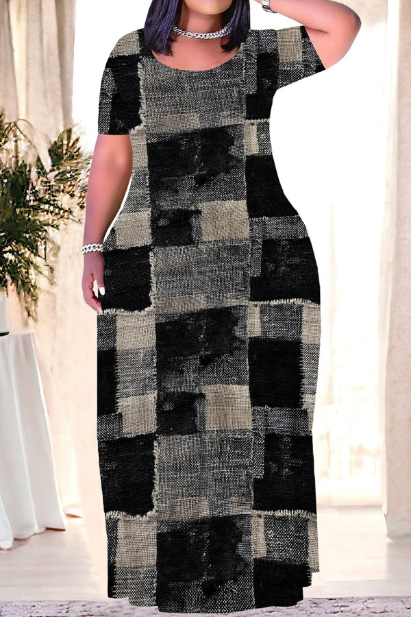 Dark Gray Casual Print Patchwork O Neck Long Plus Size Dresses