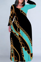 Blue Black Casual Chain print Contrast O Neck Printed Plus Size Dresses