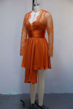 Tangerine Elegant Solid Color Lace Patchwork Ruched V Neck A Line Dresses