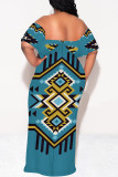 White Street National Totem Print Ruffle Contrast Off Shoulder Long Dresses