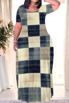 Light Khaki Casual Print Patchwork O Neck Long Plus Size Dresses
