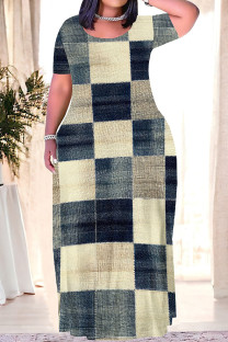 Light Khaki Casual Print Patchwork O Neck Long Plus Size Dresses