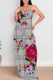 Green Sexy Plaid Floral Print Contrast V Neck Printed Dresses