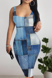 Gray Blue Casual Print Patchwork U Neck Wrapped Skirt Dresses