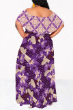 Blue Casual Floral Print Stripe Ruffle Contrast Off Shoulder Long Dresses