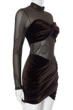 Brown Casual Solid Color Patchwork See-Through Ruched O Neck Wrapped Skirt Dresses