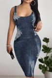 Gray Blue Casual Print Patchwork U Neck Wrapped Skirt Dresses