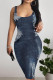 Gray Blue Casual Print Patchwork U Neck Wrapped Skirt Dresses