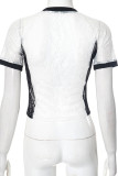 White Casual Letters Lace Hot Drill V Neck T-Shirts