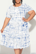 Blue White Casual Floral Print Polka Dot Stripe Ruffle Contrast O Neck Printed Plus Size Dresses