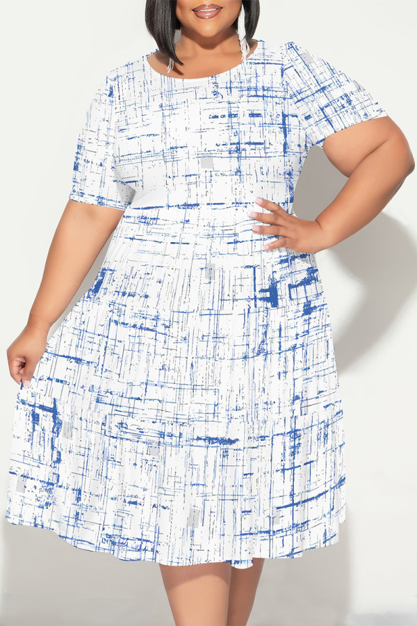 Blue White Casual Floral Print Polka Dot Stripe Ruffle Contrast O Neck Printed Plus Size Dresses