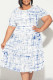 Blue White Casual Floral Print Polka Dot Stripe Ruffle Contrast O Neck Printed Plus Size Dresses