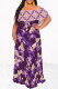 Purple Casual Floral Print Stripe Ruffle Contrast Off Shoulder Long Dresses