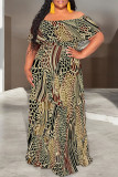 Khaki Sexy Geometric Print Flowers Leopard Ruffle Contrast Off Shoulder Long Dresses