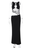 Black Sexy Solid Color Hollow Out Patchwork Long Dresses