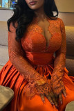 Tangerine Elegant Solid Color Lace Patchwork Ruched V Neck A Line Dresses