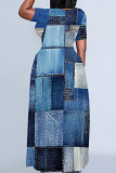 Red White Casual Print Patchwork O Neck Long Plus Size Dresses