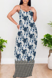 Green Sexy Plaid Floral Print Contrast V Neck Printed Dresses