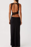 Black Sexy Solid Color Hollow Out Patchwork Long Dresses