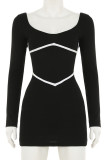 Black Casual Patchwork Contrast U Neck Wrapped Skirt Dresses