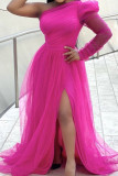 Green Elegant Solid Color High Slit Mesh Oblique Collar Long Plus Size Dresses