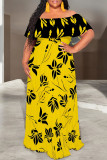 Khaki Sexy Geometric Print Flowers Leopard Ruffle Contrast Off Shoulder Long Dresses