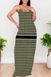 Green Sexy Plaid Floral Print Contrast V Neck Printed Dresses